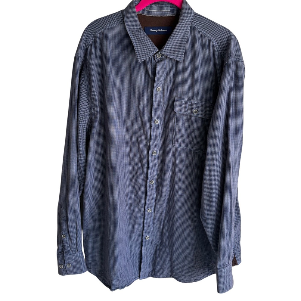 TOMMY BAHAMA Blue Micro Check Pattern Long Sleeve Mens PreppyButton Down Top, XL